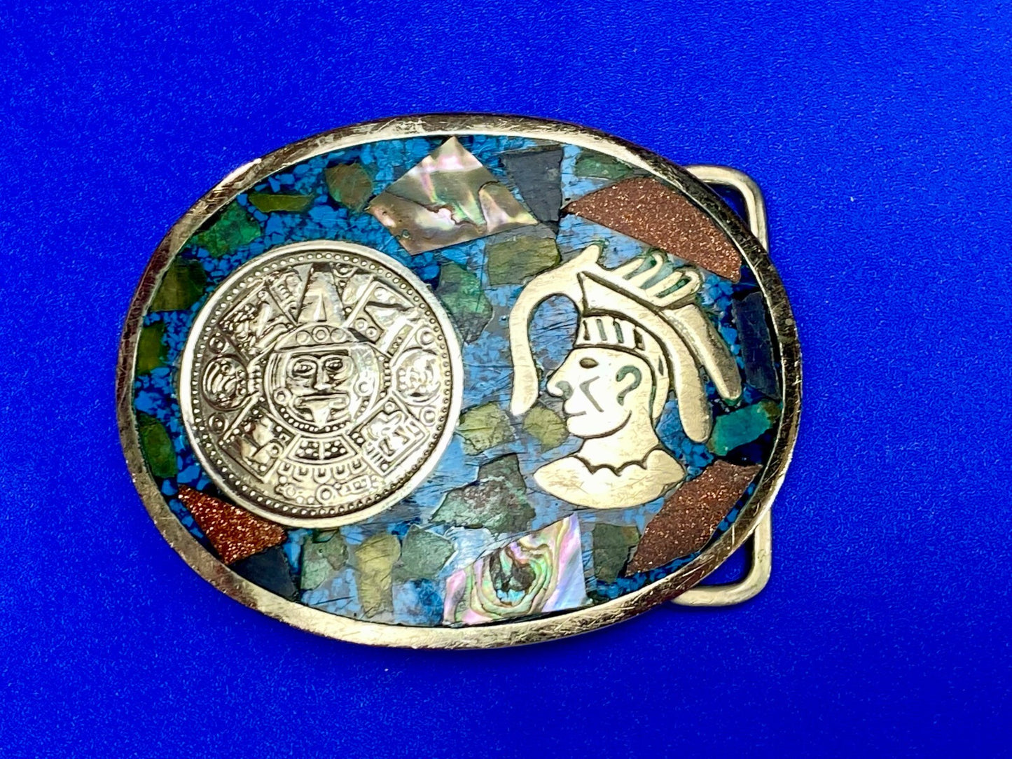 Aztec Mayan Calendar Coin Turquoise Inlay Mexico Sterling Silver Belt Buckle