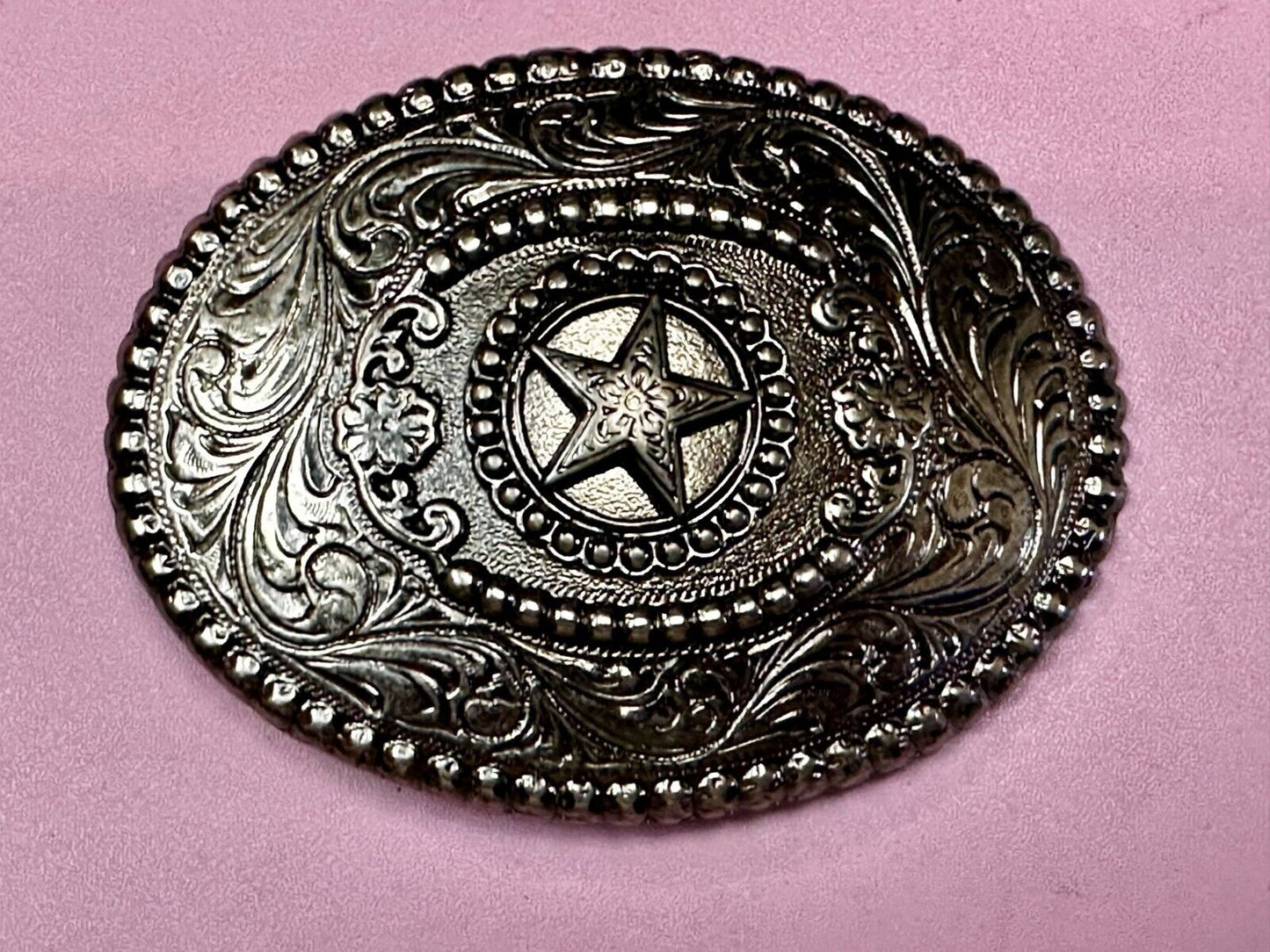 The Lone Star Centered In Oval Flower Swirl Silver Tone Belt Buckle