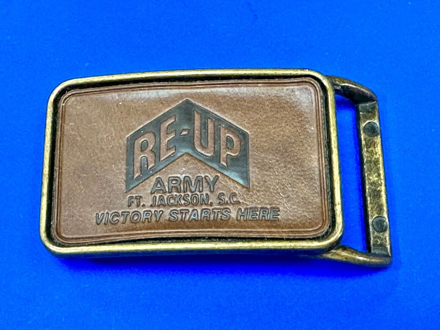 Army Re-up Ft Jackson SC Victory starts here leather & brass tone belt buckle