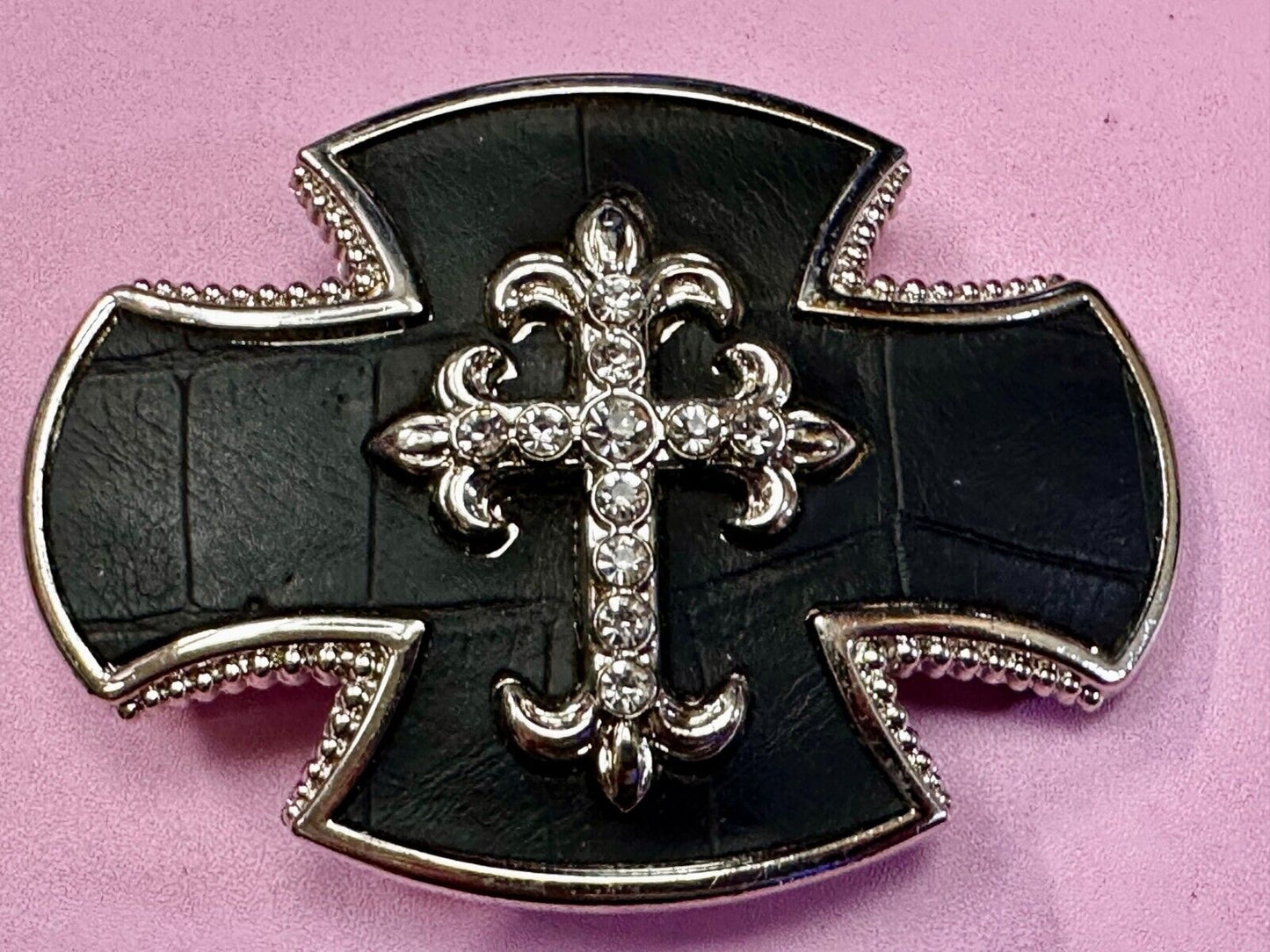Black Leather Cross W/ Rhinestones Motorcycle Riders Goth Fashion Belt Buckle