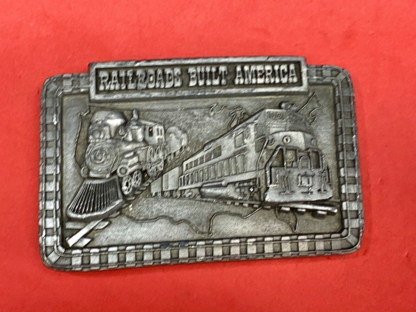 Vintage 1987 Railroads Built America Belt Buckle, RR Train Steam Engine