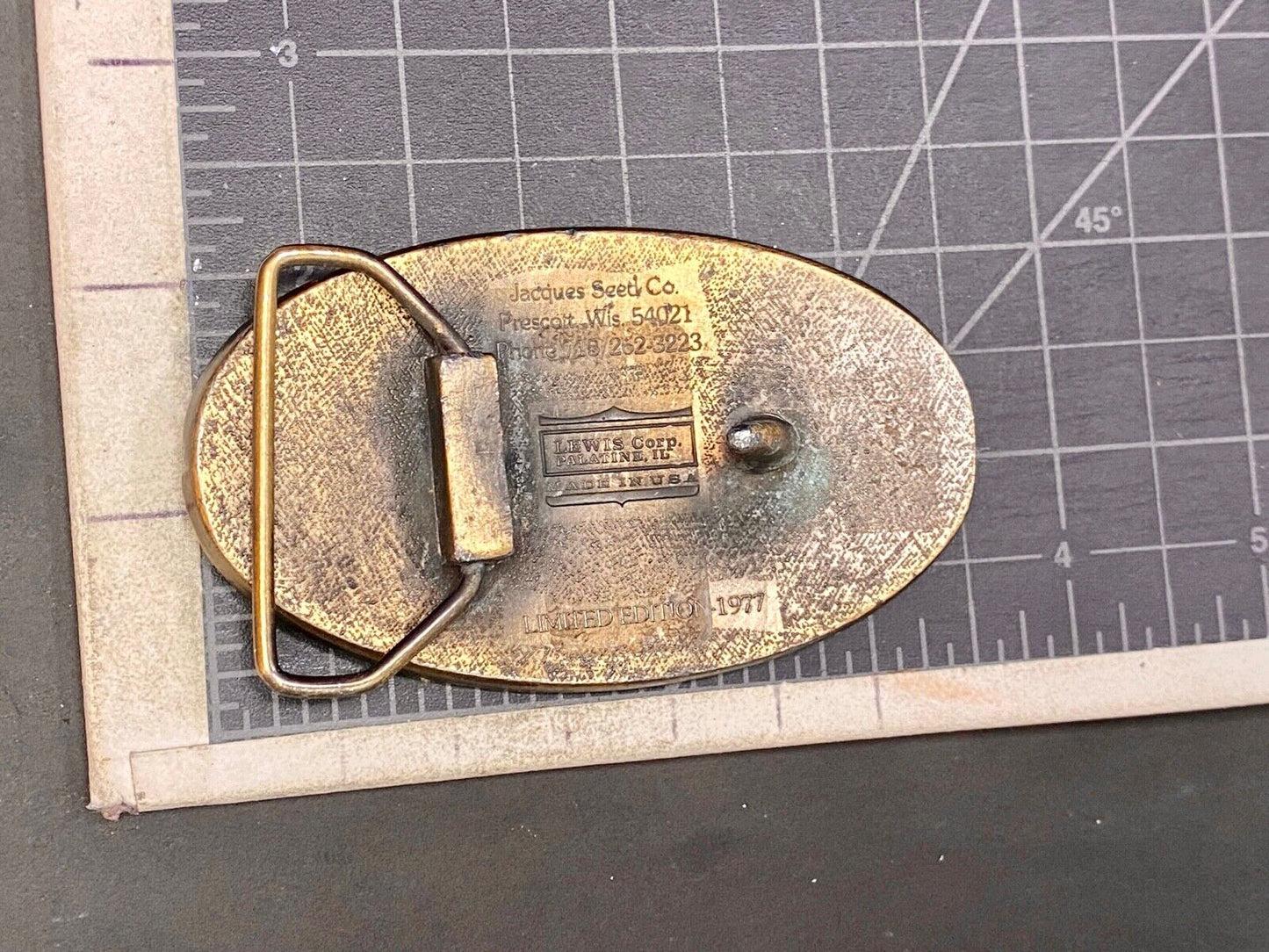 Vintage 1977 Jacques Seeds Farmers Feed The World Brass Tone Belt Buckle