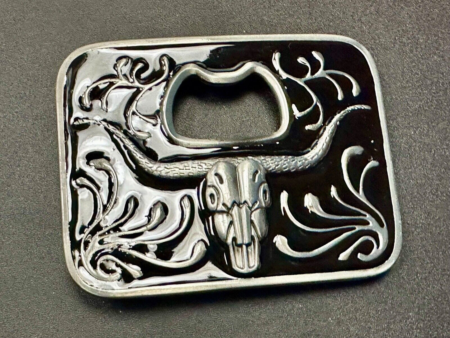 Texas longhorn - black and silver color belt buckle bottle opener