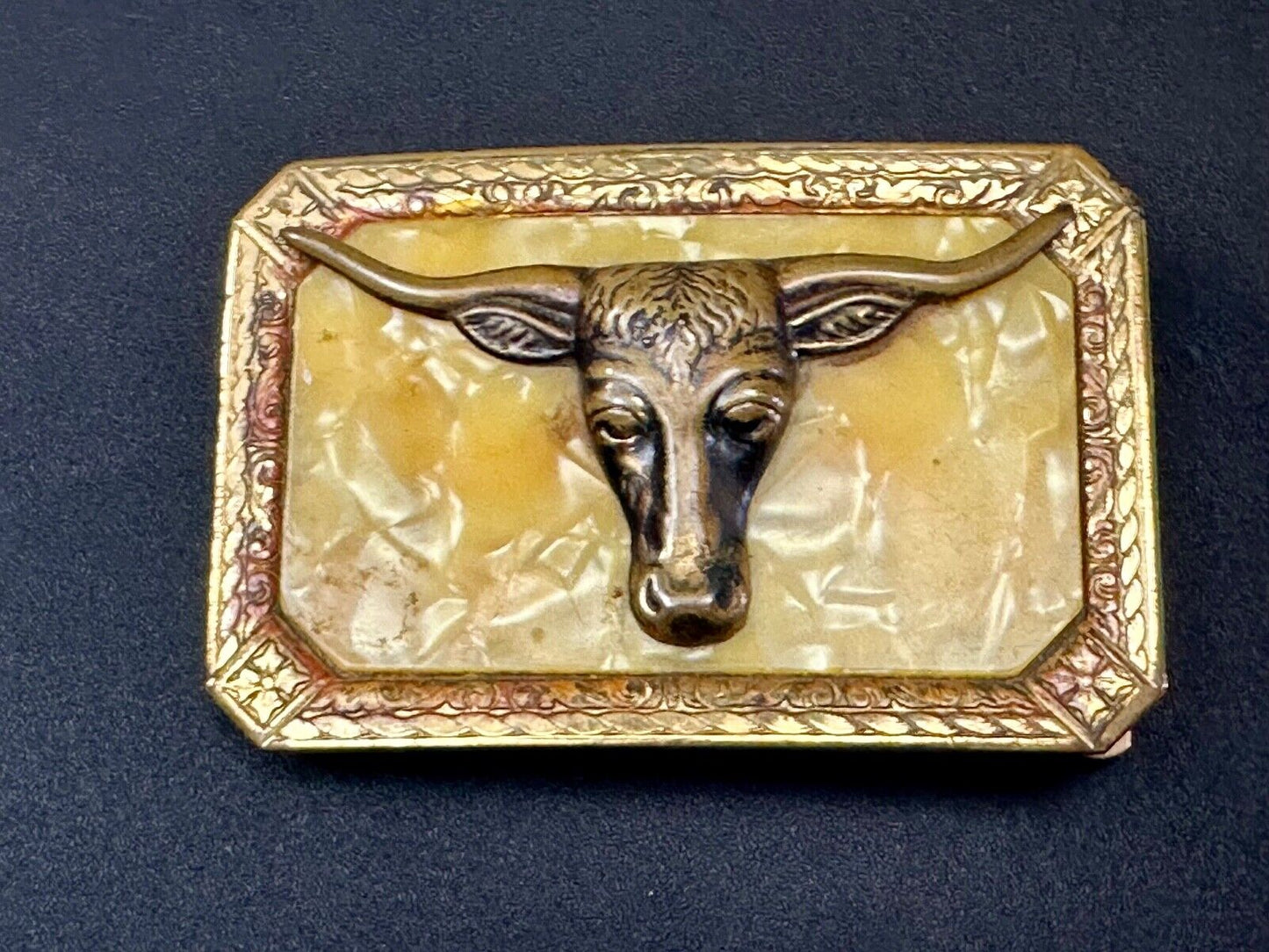 Texas Longhorn - Western Retro Yellow Color Swirl on gold tone Belt Buckle