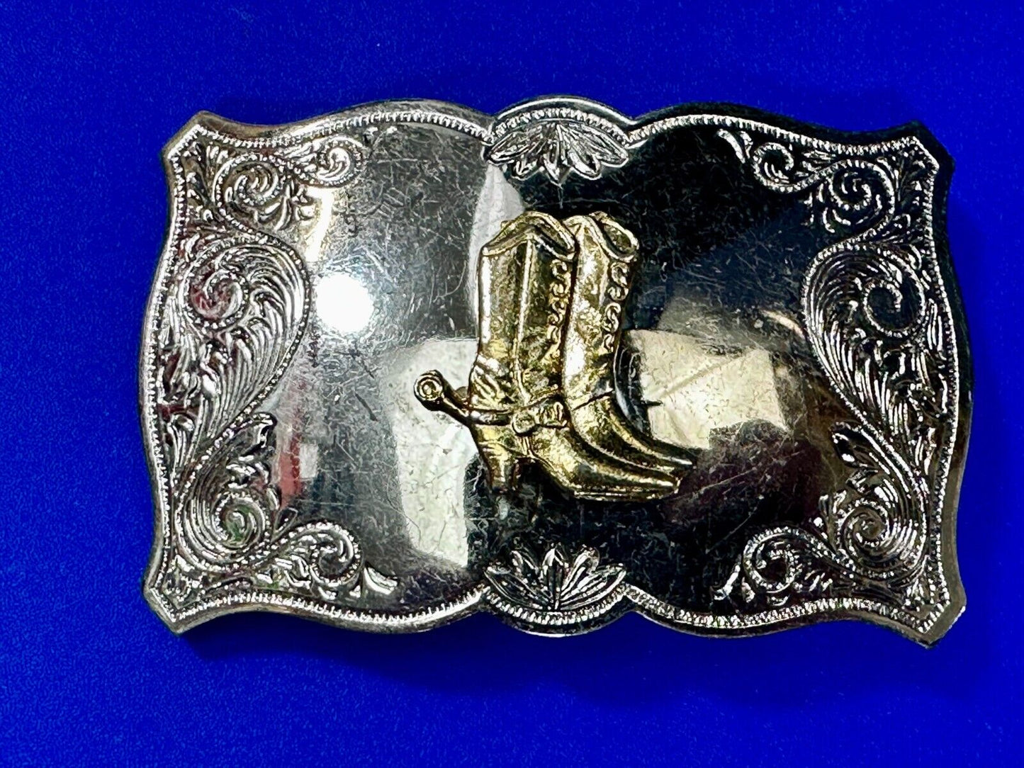 Vintage Cowboy Boots Engraved Swirl Border Two Tone Western Style Belt Buckle