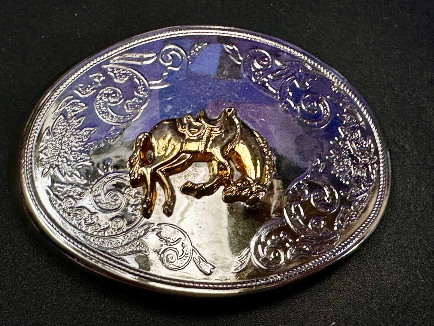 Vintage Cowboy Saddle Bronc Bucking Horse Two Tone Oval Engraved Belt Buckle