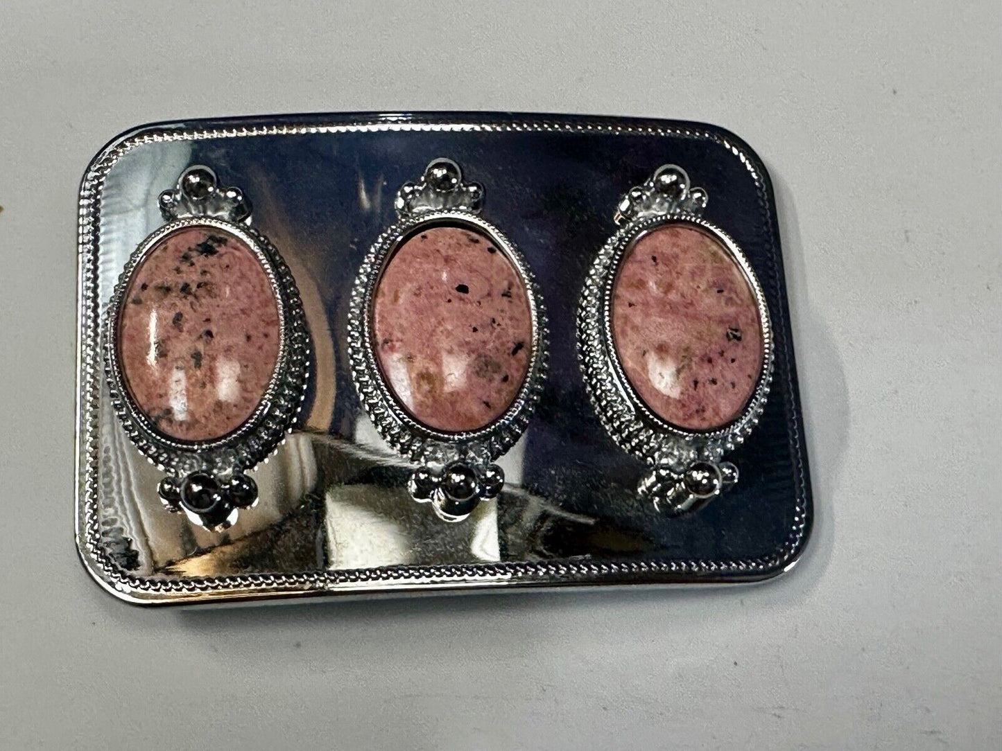 Three Piece Pink Cabochon Cab Stones on reflective silver color Belt Buckle