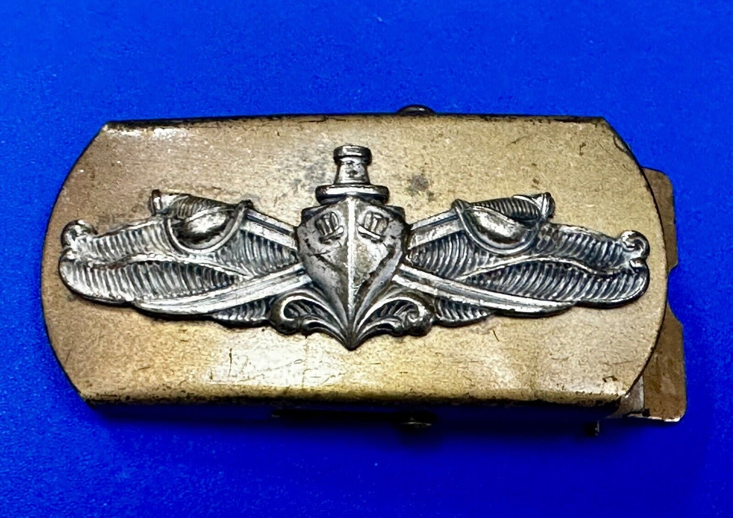 US Navy Air Warfare Specialist Military Silver Brass Tone Vintage Belt Buckle