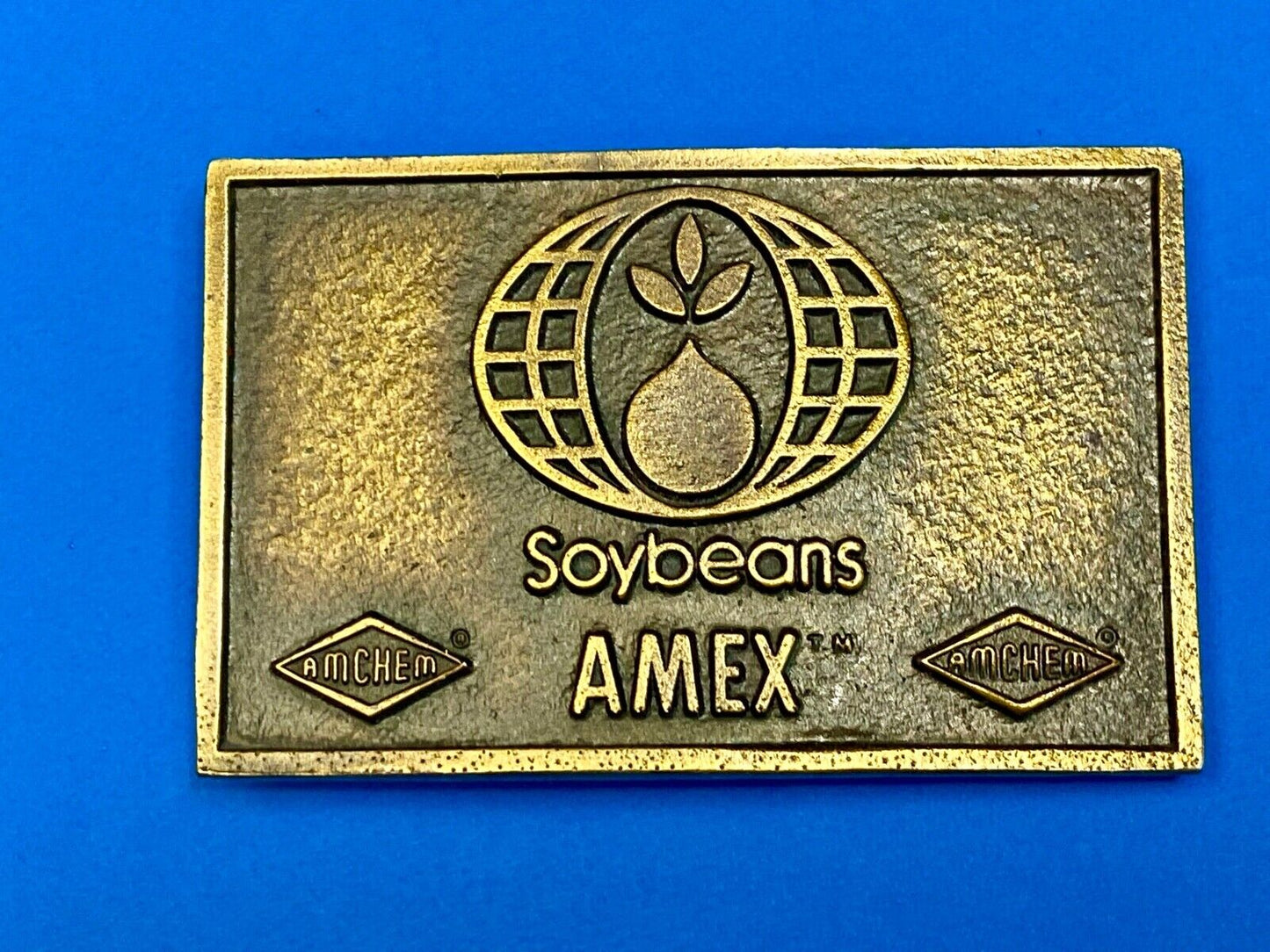 VINTAGE 1970s **SOYBEANS AMEX AMCHEM** AGRICULTURE FARMING BELT BUCKLE