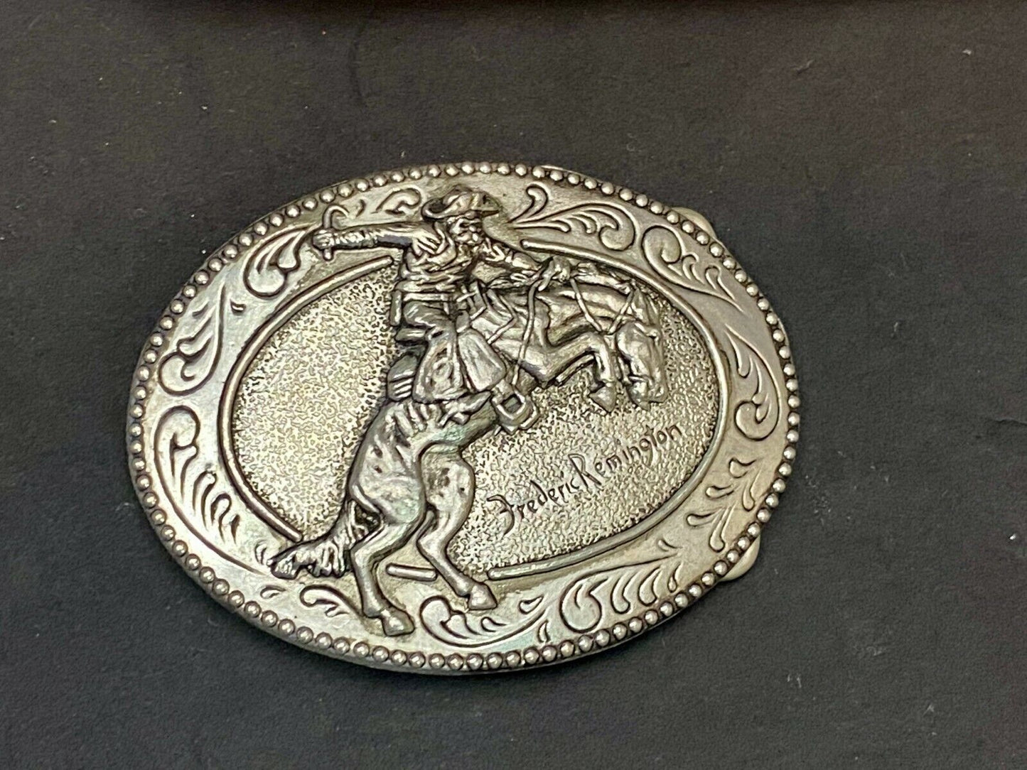 An Indian Trapper Frederick Remington Cowboy Horse Vintage Belt Buckle