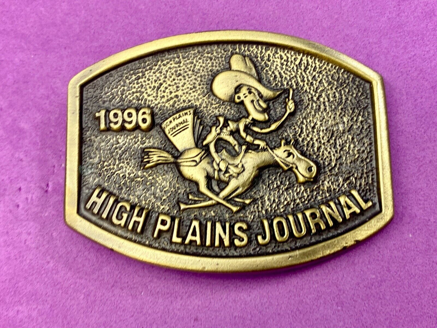 Vintage 1996 High Plains Journal Belt Buckle Cowboy Horse Newspaper