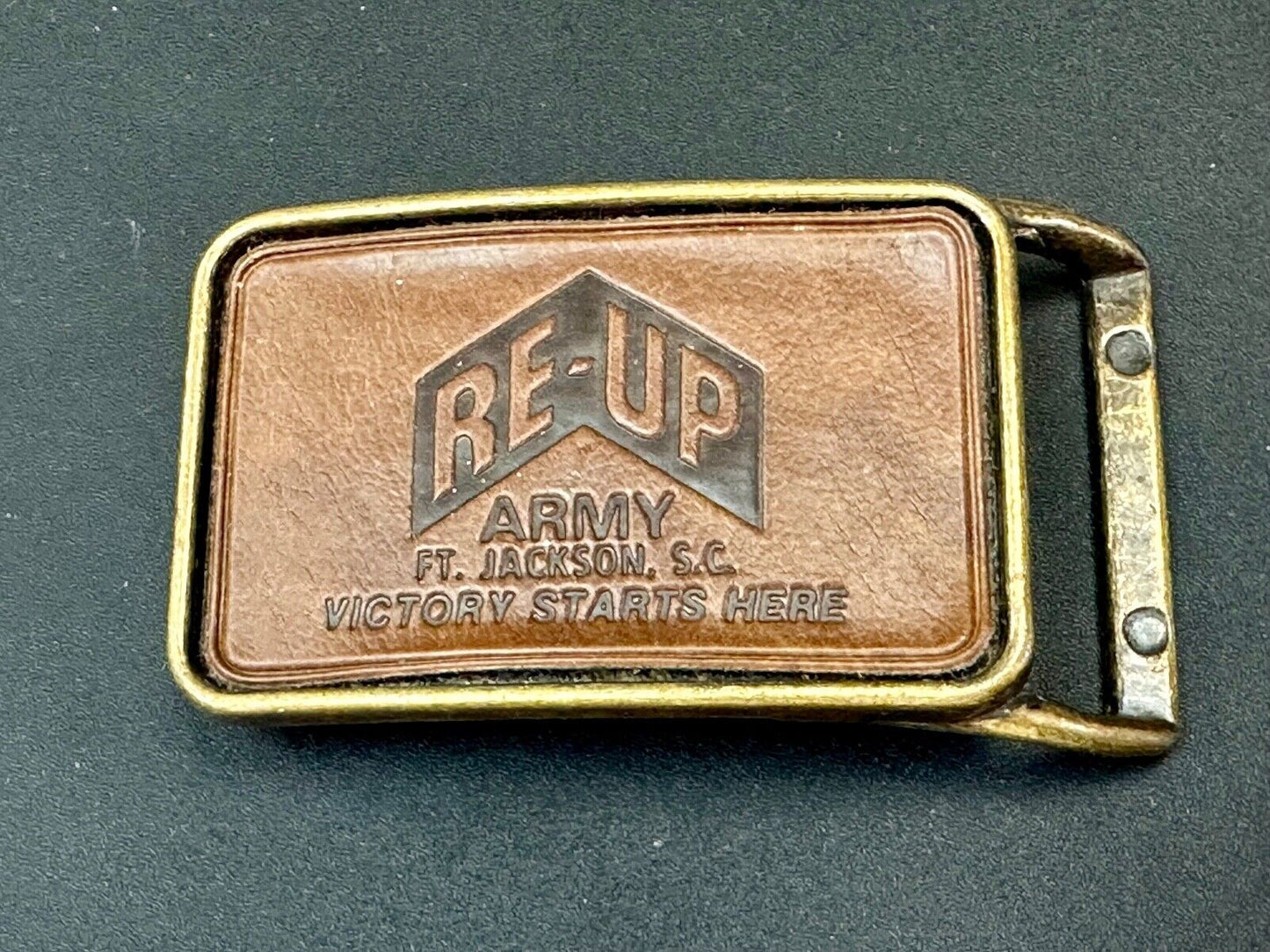 Army Re-up Ft Jackson SC Victory starts here leather & brass tone belt buckle
