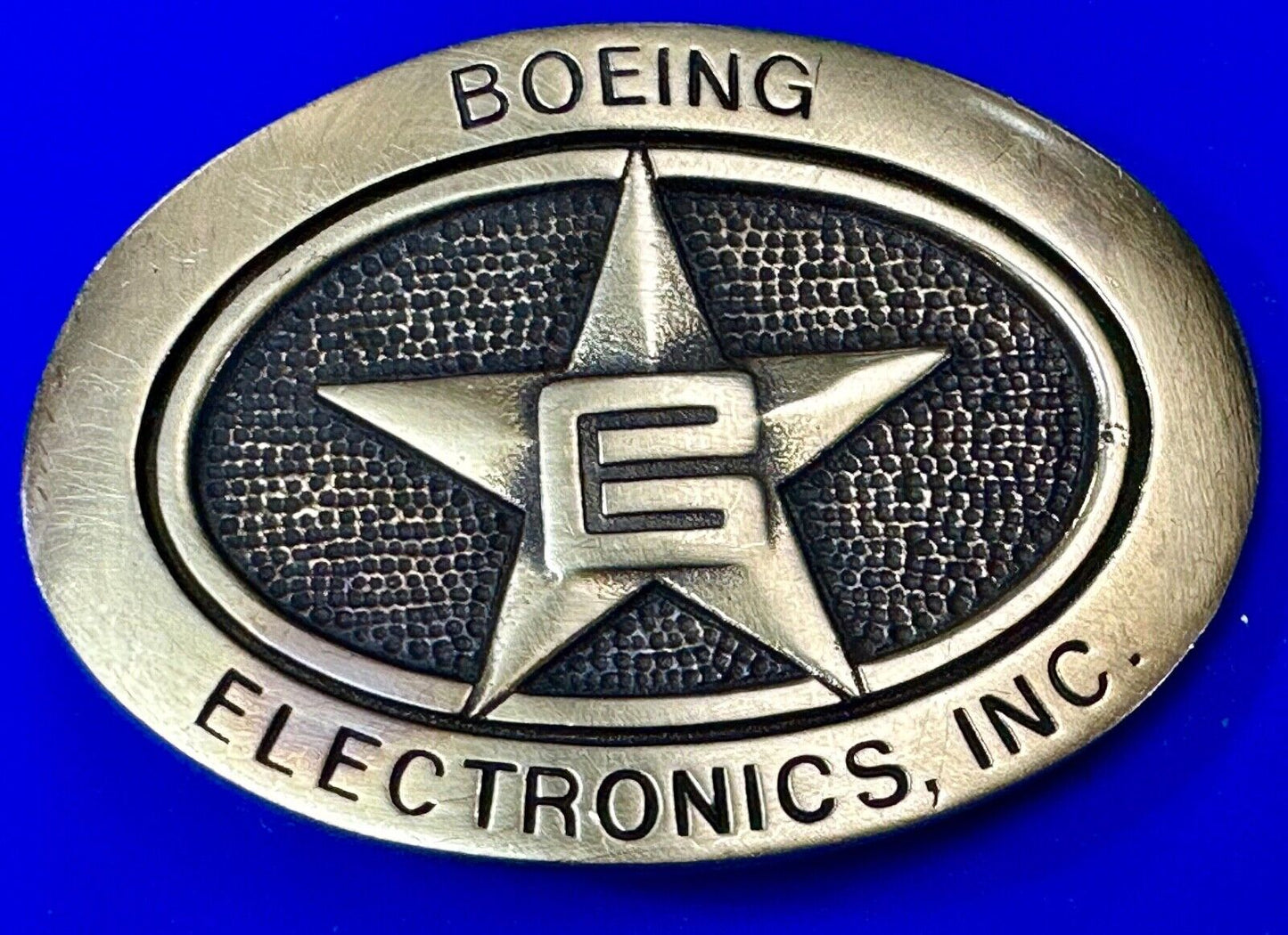 Vintage Boeing Electronics Inc Solid Brass BTS 1978 belt buckle Star Emblem