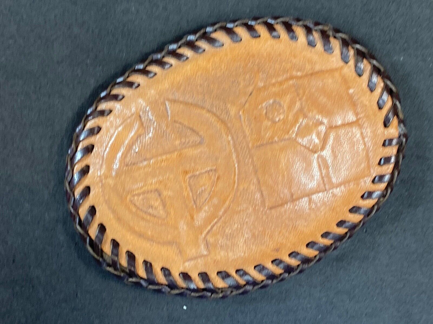 Vintage - Leather stitched belt buckle with Oil? company logo