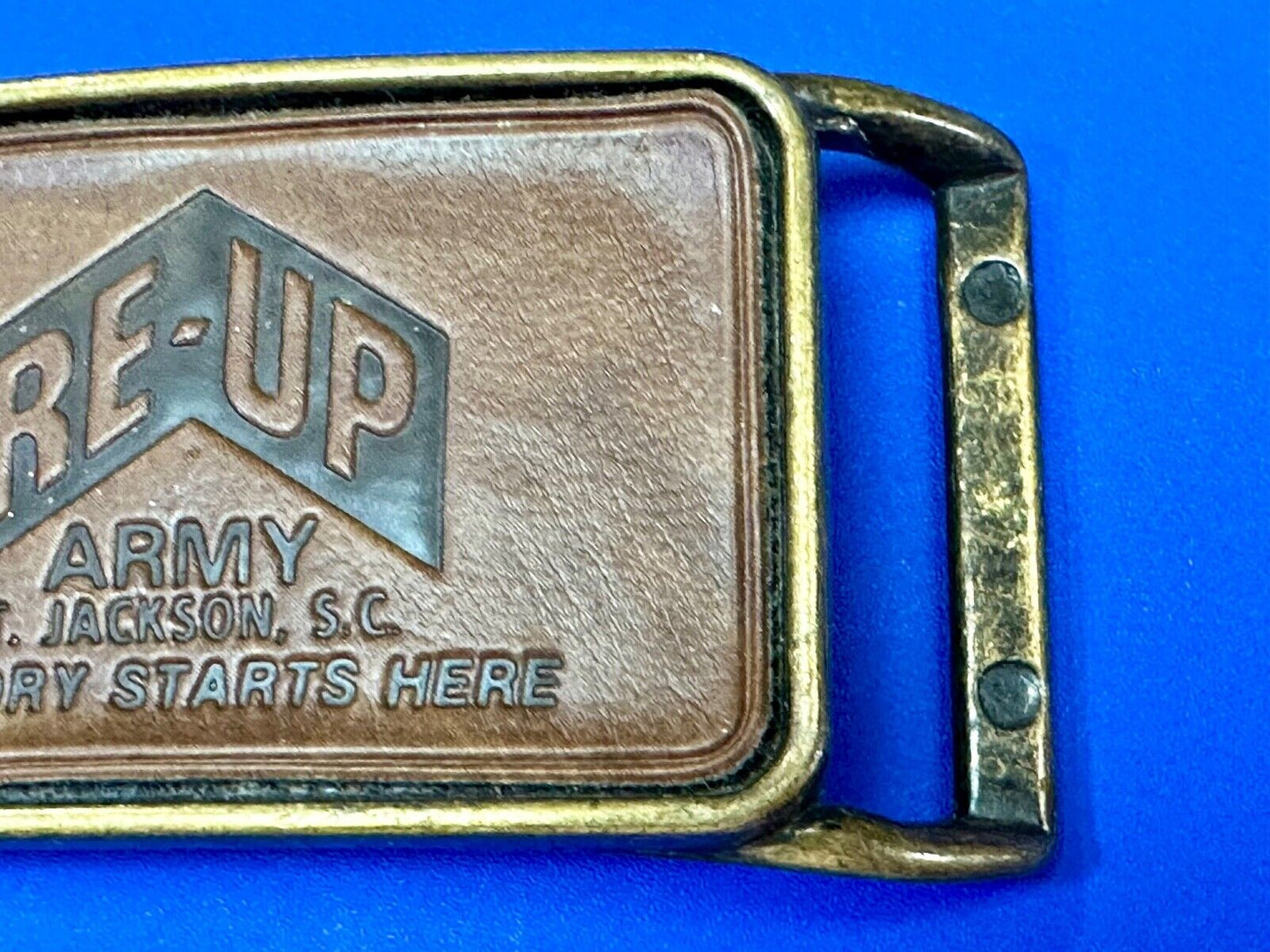 Army Re-up Ft Jackson SC Victory starts here leather & brass tone belt buckle