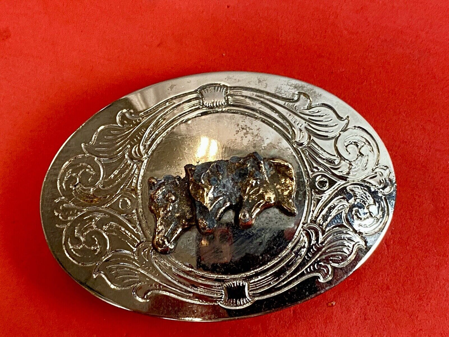 Vintage - There horse heads bust western engraved belt buckle