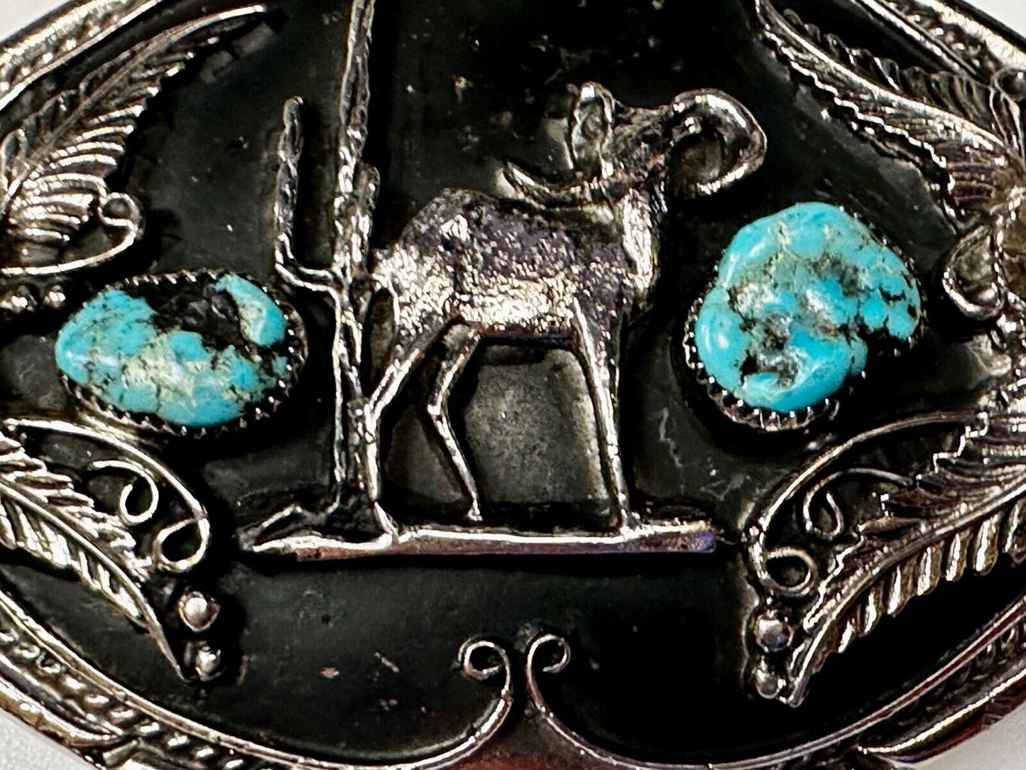 Bighorn Sheep Ram Mountain Goat Turquoise Stone Flower Leaf Western Belt Buckle