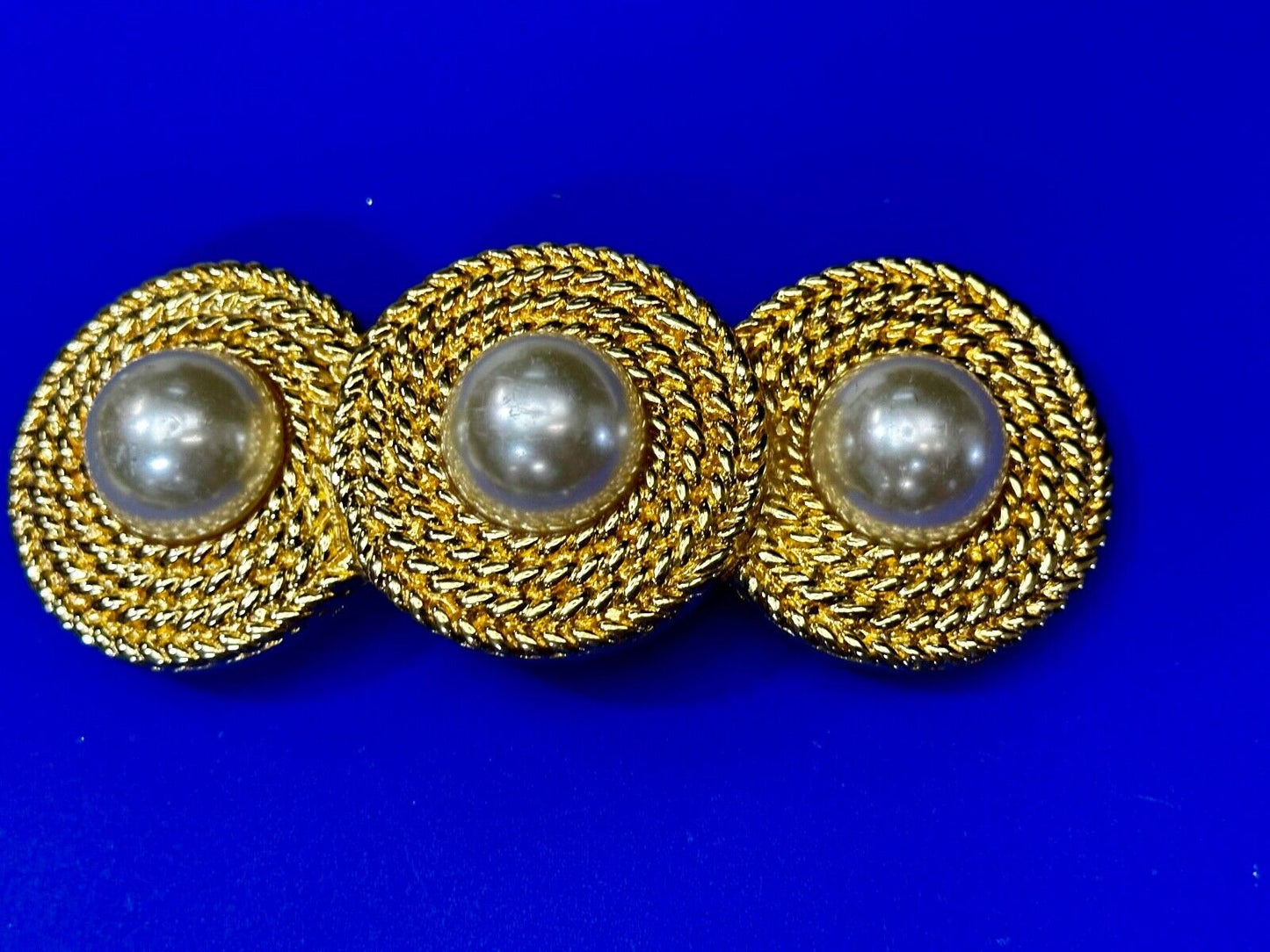 Three Round Faux Pearl's HUGE Statement Large Gold Tone Vintage Belt Buckle