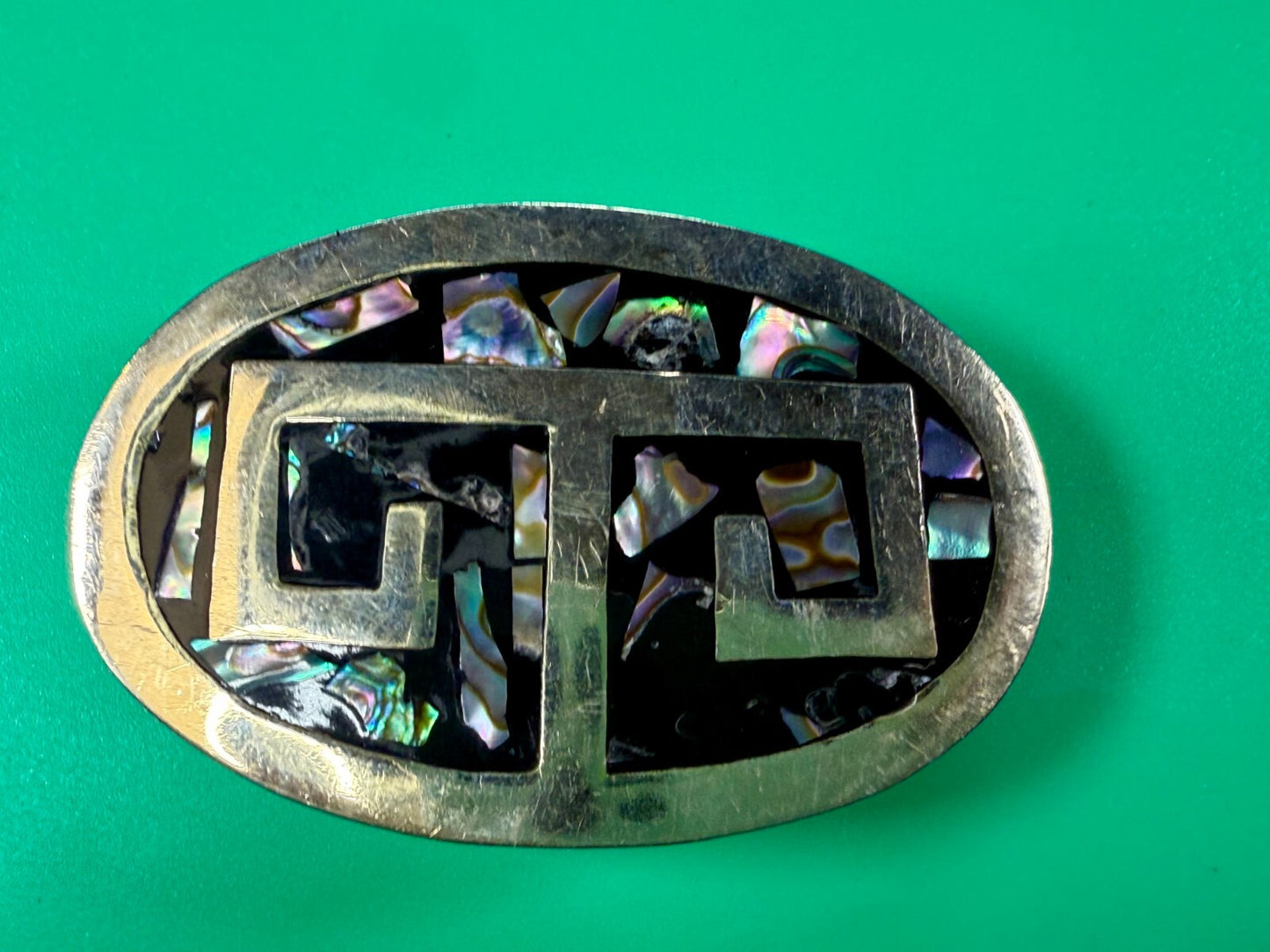 Vintage Alpaca Mexico Silver Tone Abalone Shell Pattern Oval Belt Buckle