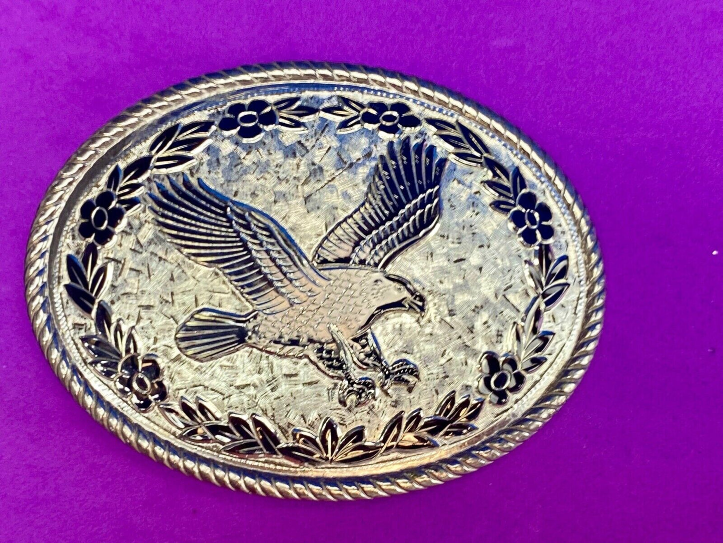 Vintage Etched USA made western flying wings wide eagle belt buckle