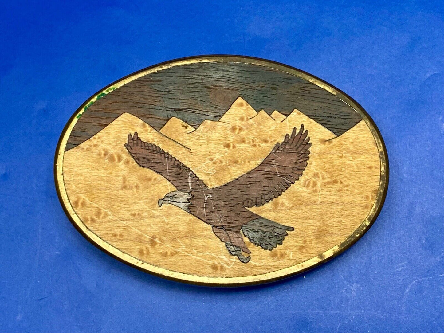 Vintage 1983 The great American Eagle mixed wood on solid brass BTS belt buckle
