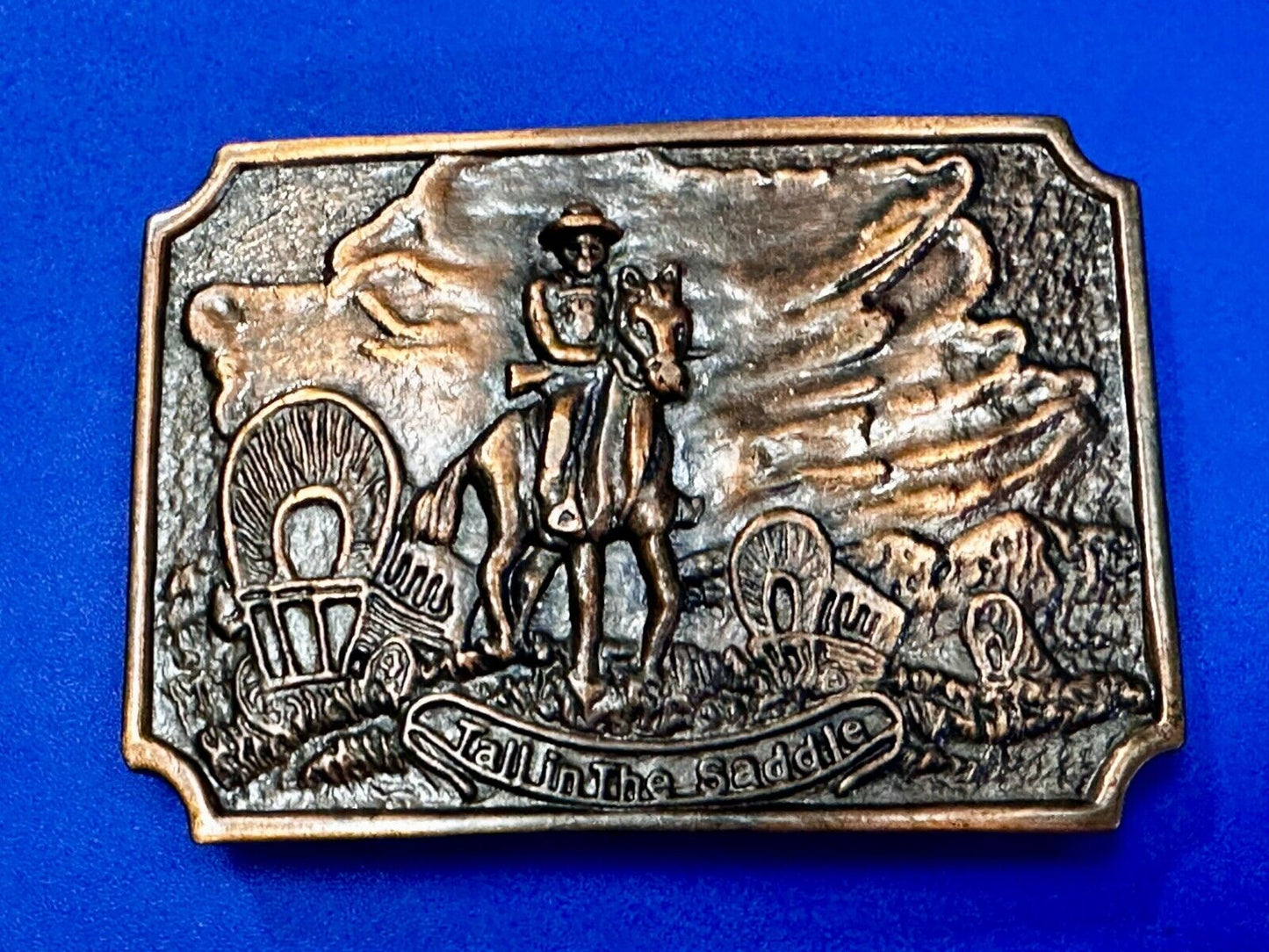 Tall in the Saddle Wagon Cowboy Horse Western Art Scene Vintage Belt Buckle