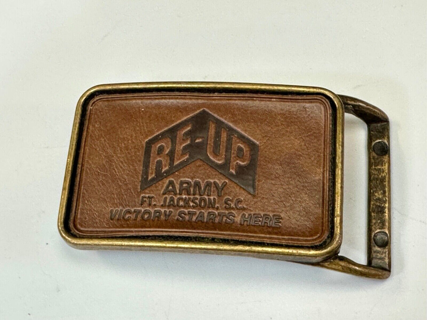 Army Re-up Ft Jackson SC Victory starts here leather & brass tone belt buckle