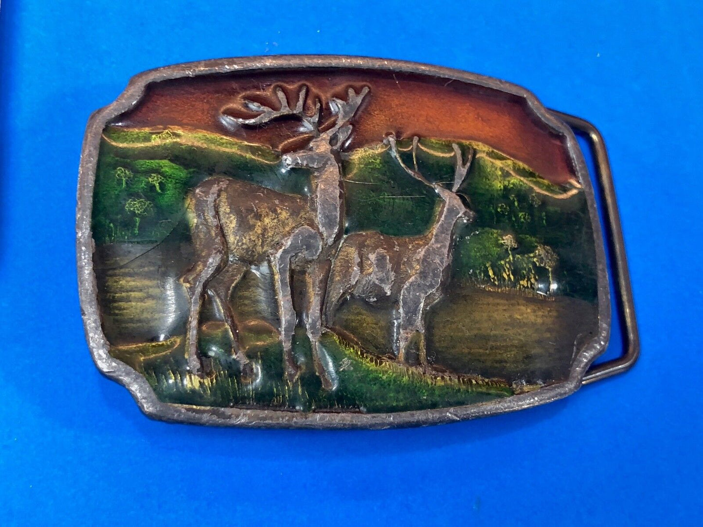 Vintage A16 Belt Buckle by Koleaco, two deer in nature scene, mountains