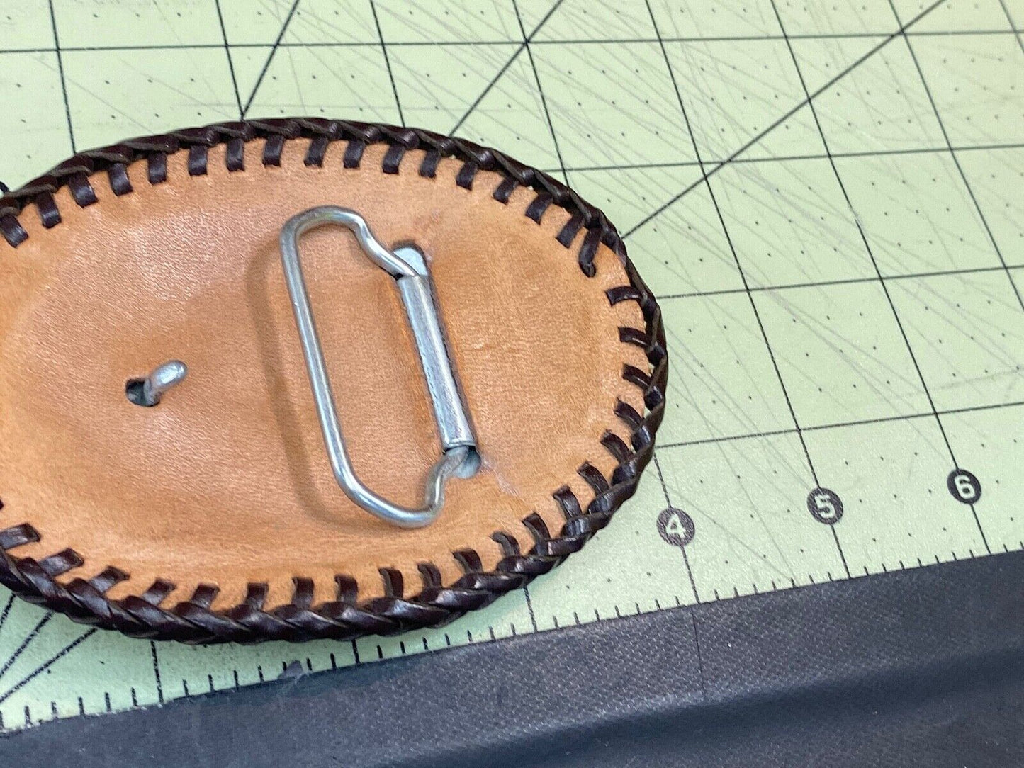 Vintage - Leather stitched belt buckle with Oil? company logo