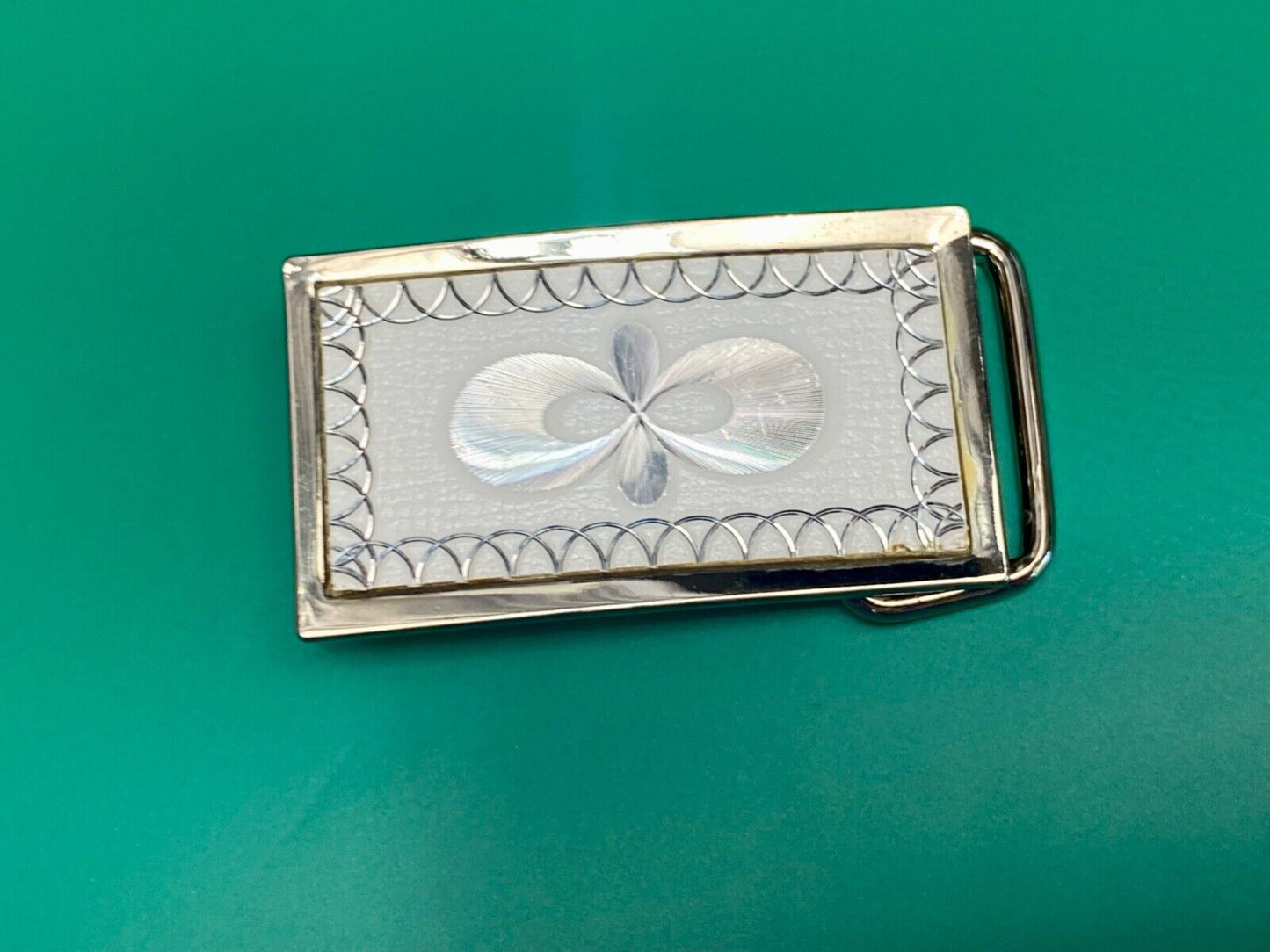 Vintage Etched silver tone rectangular belt buckle