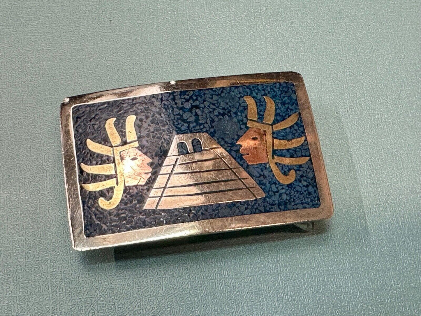 Aztec Mayan Temple Pyramid Figures Vintage Inlay belt buckle made in Mexico