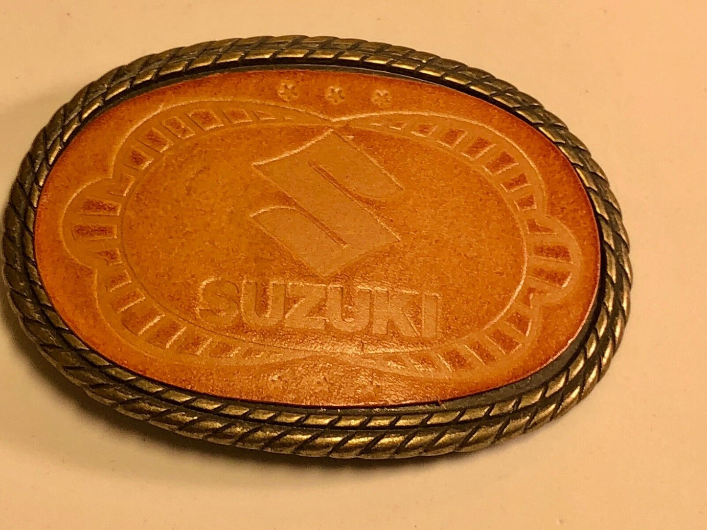 Vintage Leather Suzuki Belt Buckle - motorcycle engine Logo