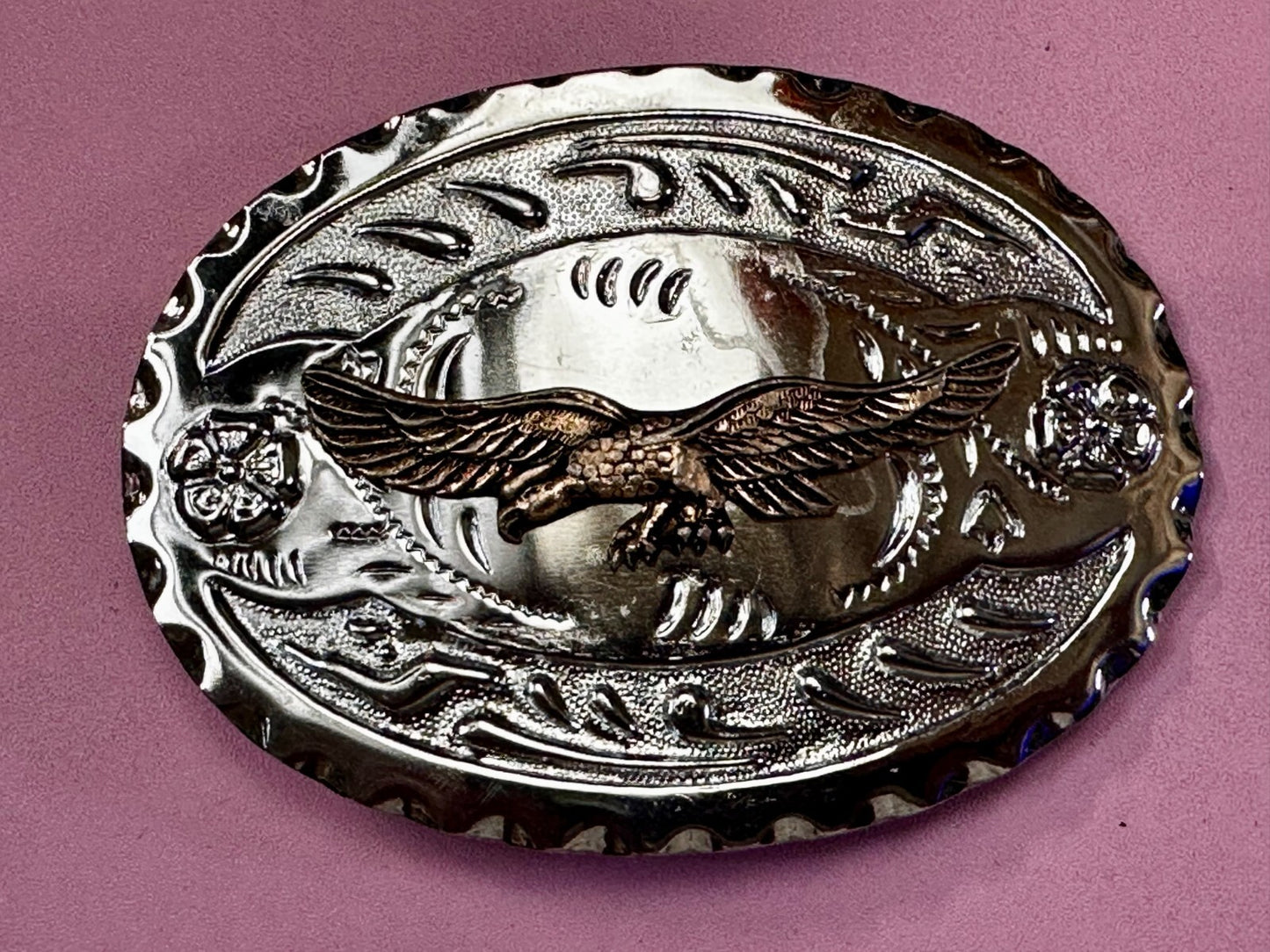 Bald Eagle Flying Hunting Diving American Two Tone Ornate Western Belt Buckle