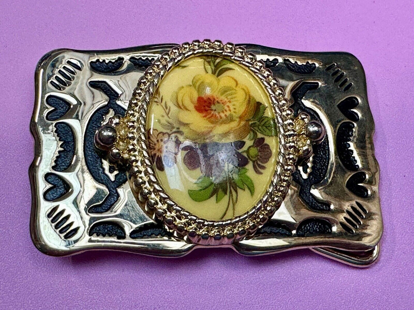 Art Flower Picture Cabochon Cab Centerpiece on gold tone Western Belt Buckle