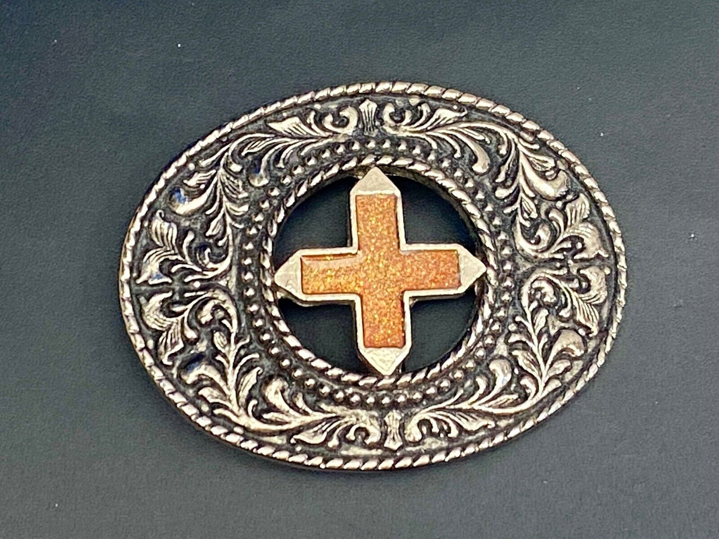 Beautiful See Through Cross Centered In Western Flower Swirl Metal Belt Buckle