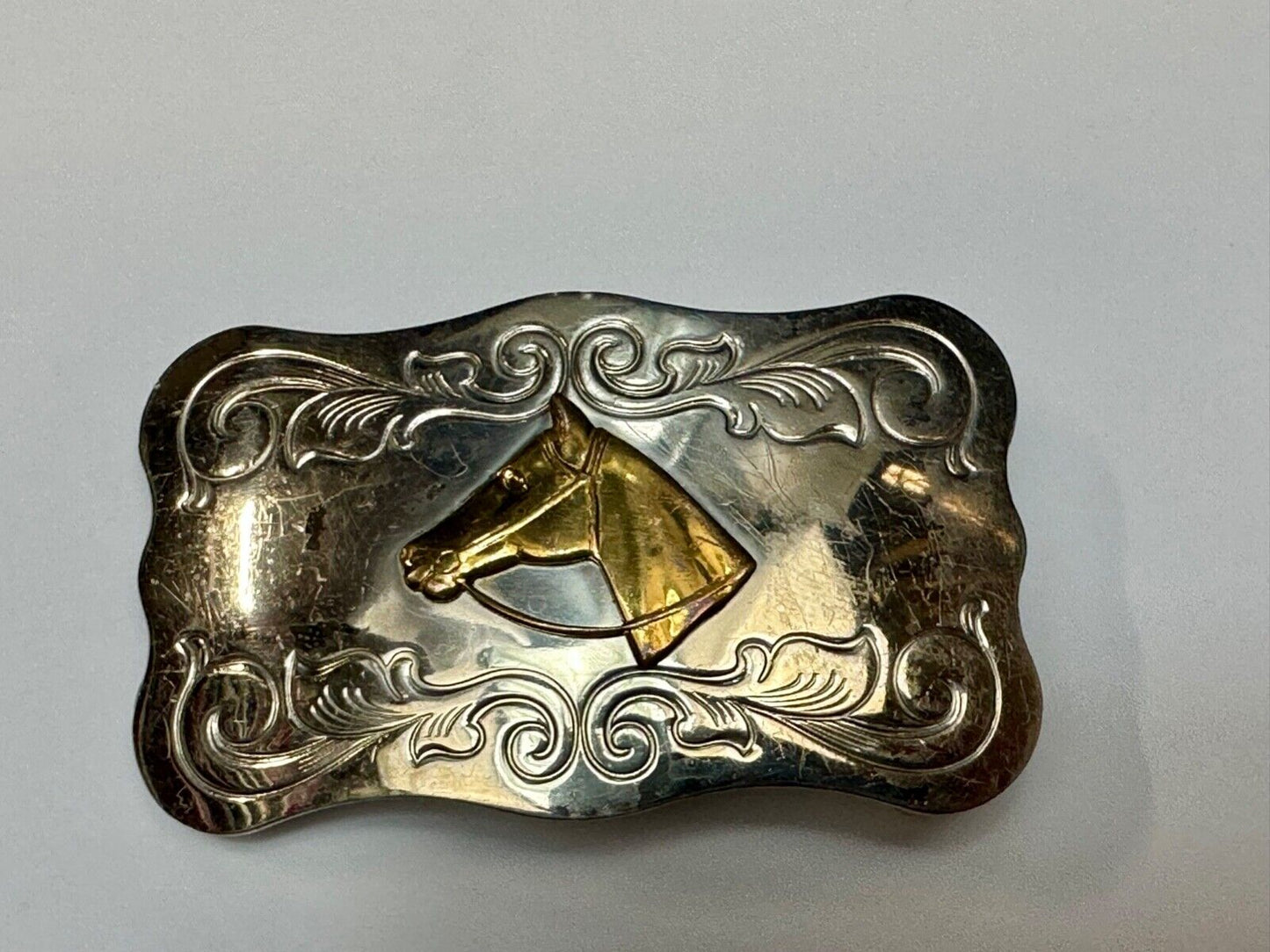 Vintage Chambers nickel silver Horse head centered on western belt buckle