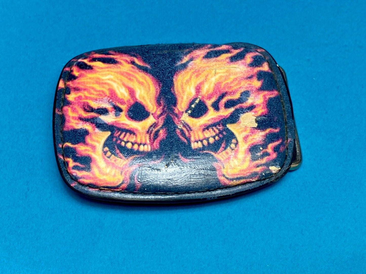 Two Flaming Skulls Heads Facing Each Other Black Belt Buckle