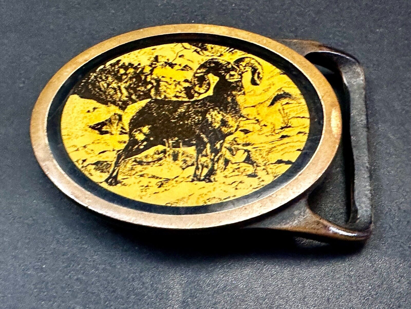 Bighorn Ram Mountain Goat Wildlife Scene Vintage Tech Ether Guild Belt Buckle