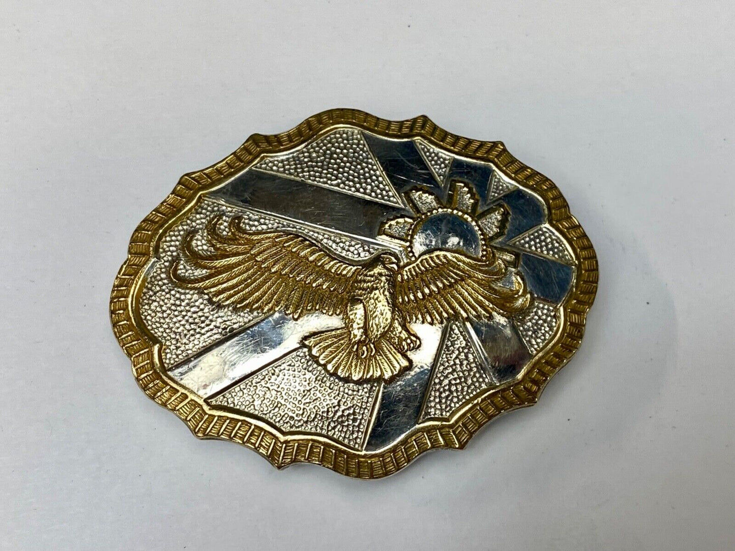 Vintage Crumrine Two tone Hunting American Bald Eagle in Flight belt buckle