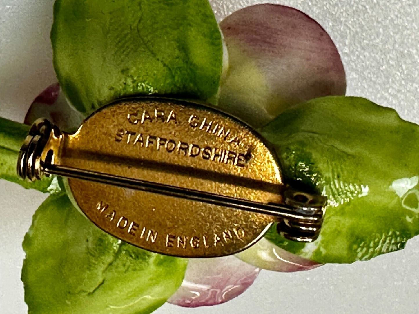 Beautiful Porcelain Rose Flower Brooch Pin Signed Cara China Staffordshire