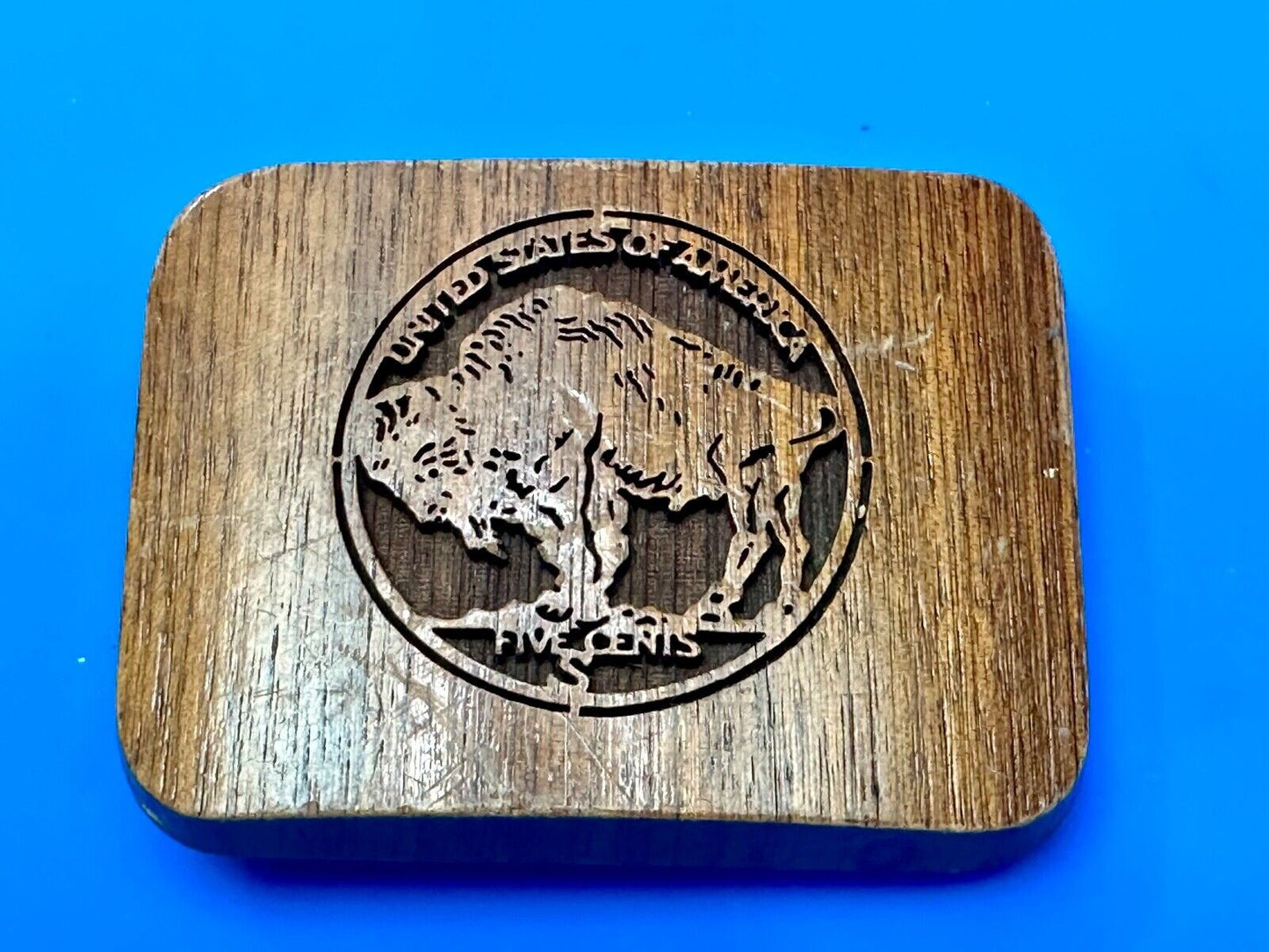 Vintage Buffalo Nickel Five Cents Wood Laser Engraved Lazercraft Belt Buckle USA
