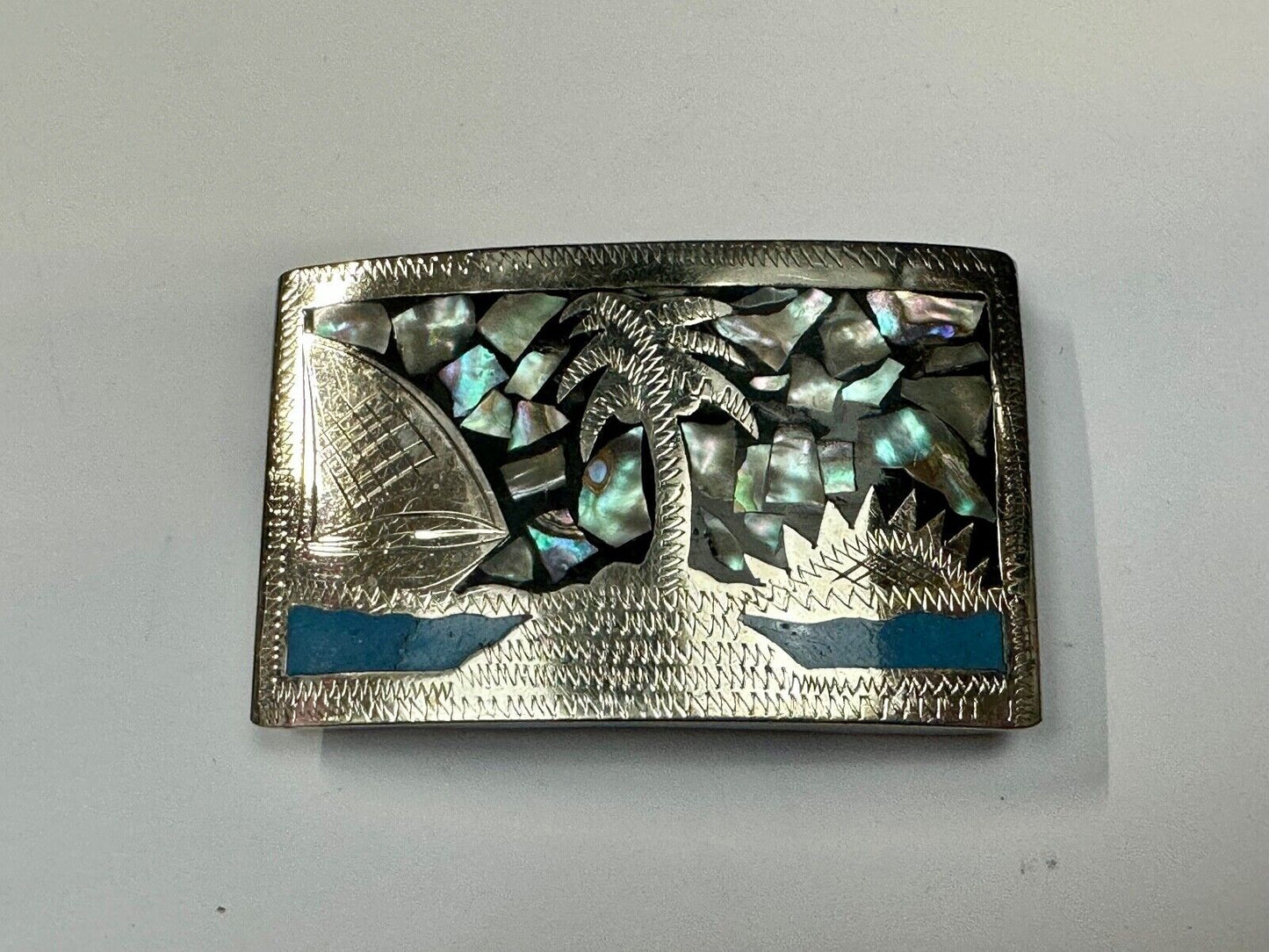 Beach Scene with Palm Tree - Inlaid Turquoise, Abalone Shell Vintage belt buckle