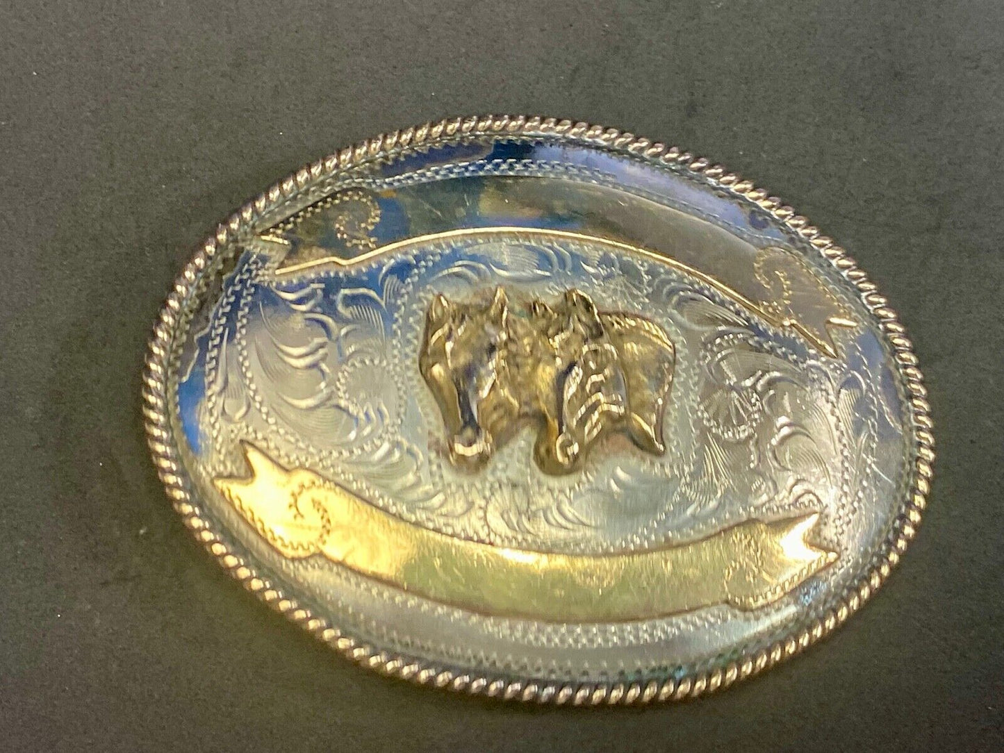 Vintage 4" Three Horse Head's On Alpaca Mexico Belt Buckle Blank Trophy Scroll