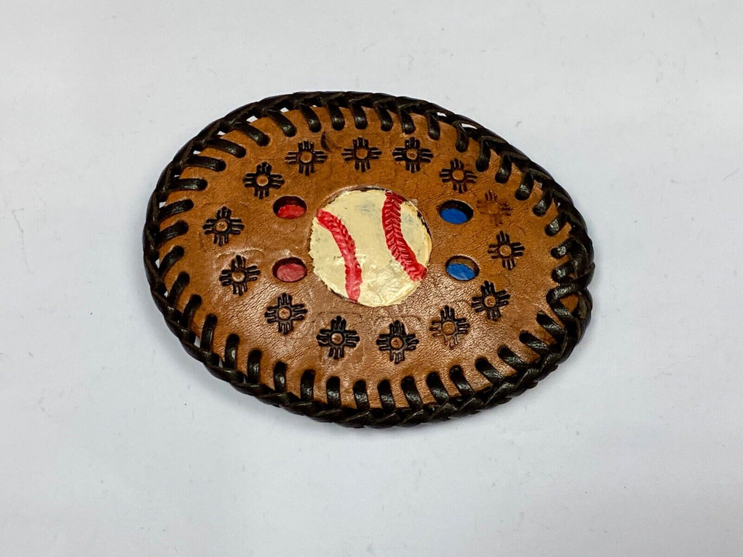Vintage Baseball Brown Leather Hand Stitched Oval Belt Buckle - Ultimate Fan