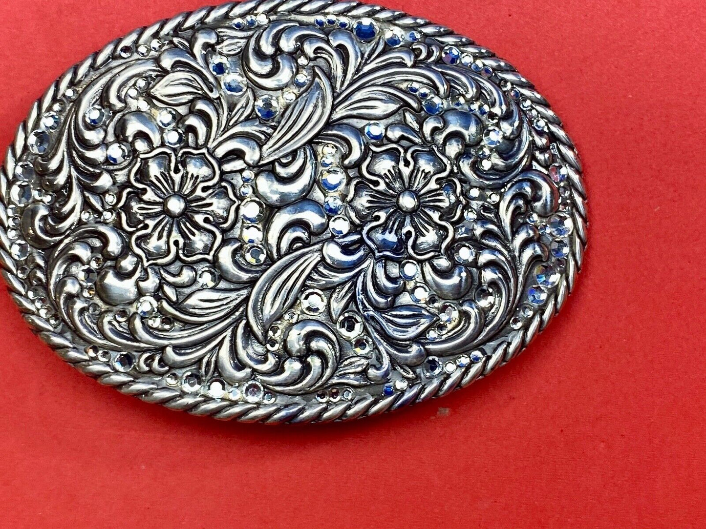 Vintage Flower Swirl Belt Buckle Floral patterns with rhinestone accents