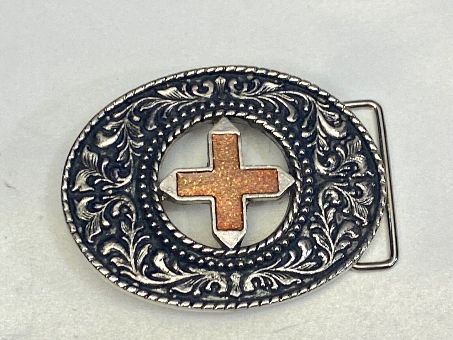 Beautiful See Through Cross Centered In Western Flower Swirl Metal Belt Buckle