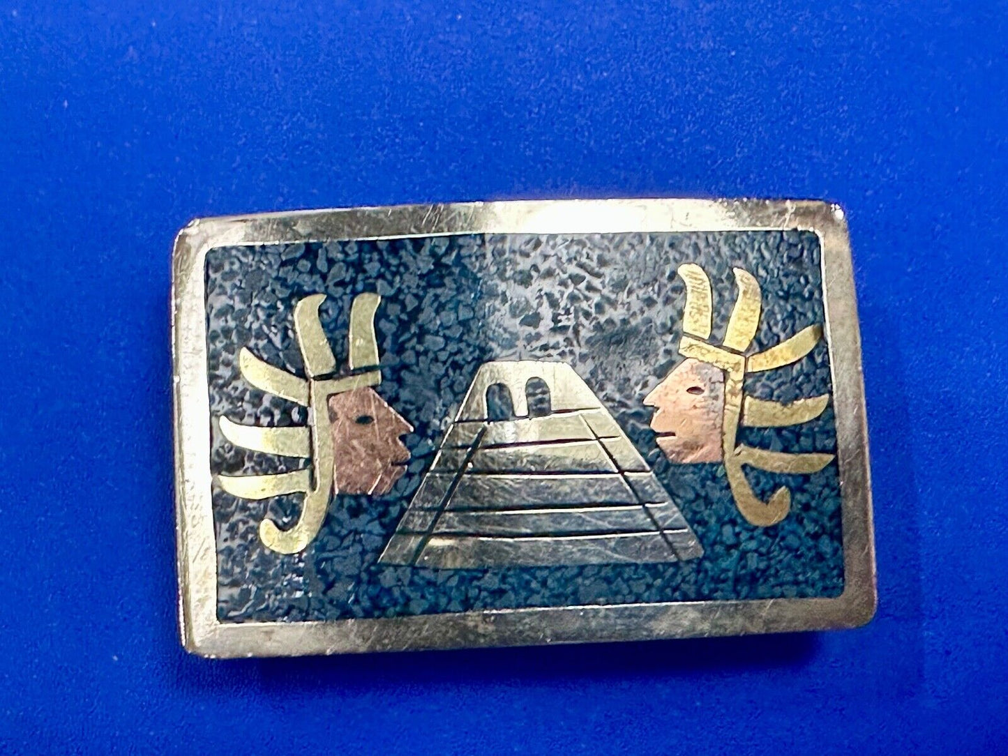 Aztec Mayan Temple Pyramid Figures Vintage Inlay belt buckle made in Mexico
