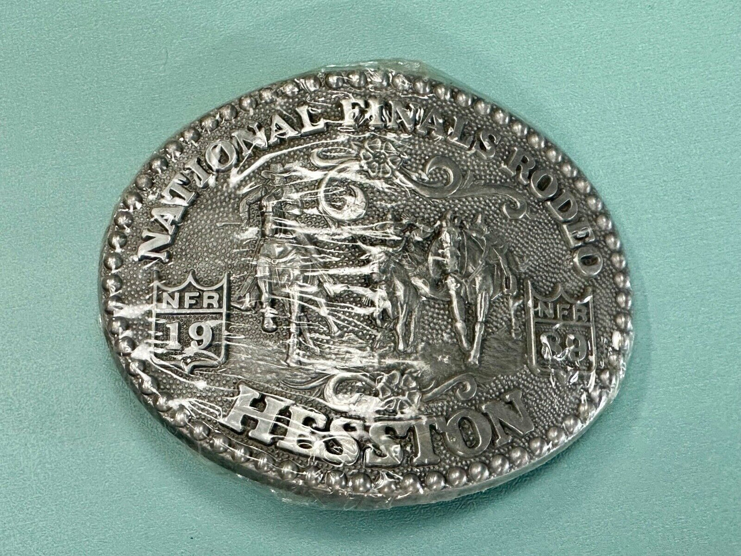 1989 Adult Size Hesston National Finals Rodeo Bull Riding Cowboys belt buckle