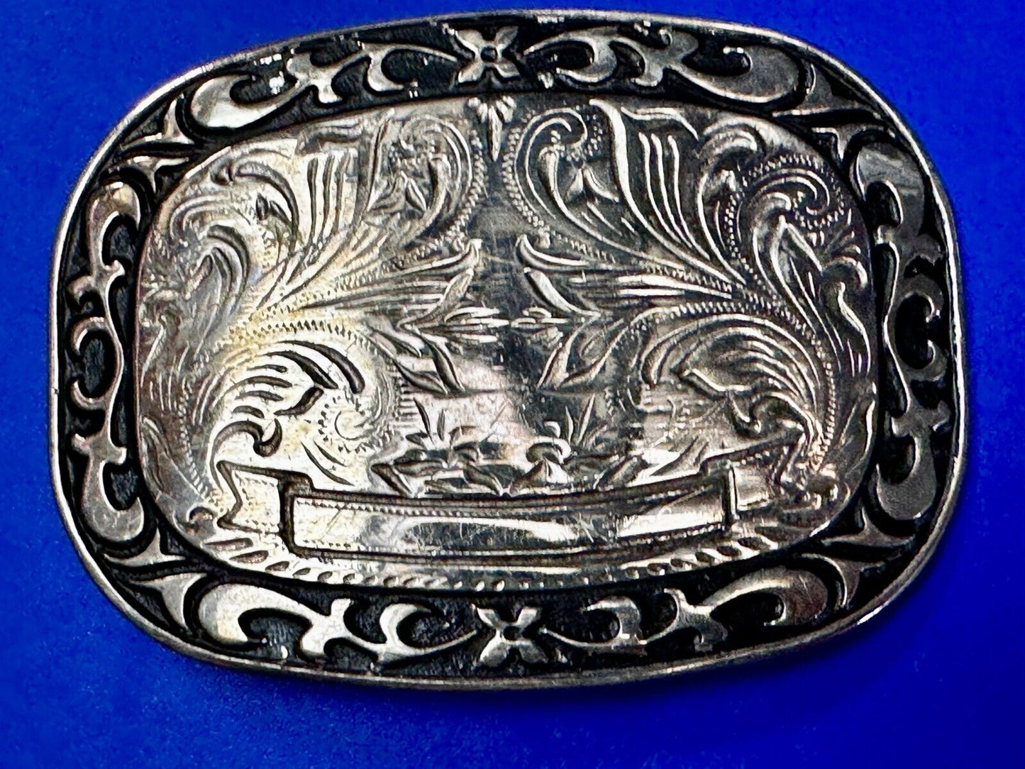 Vintage Blank Award Ribbon Scroll To Engrave Flower Swirl Design Belt Buckle