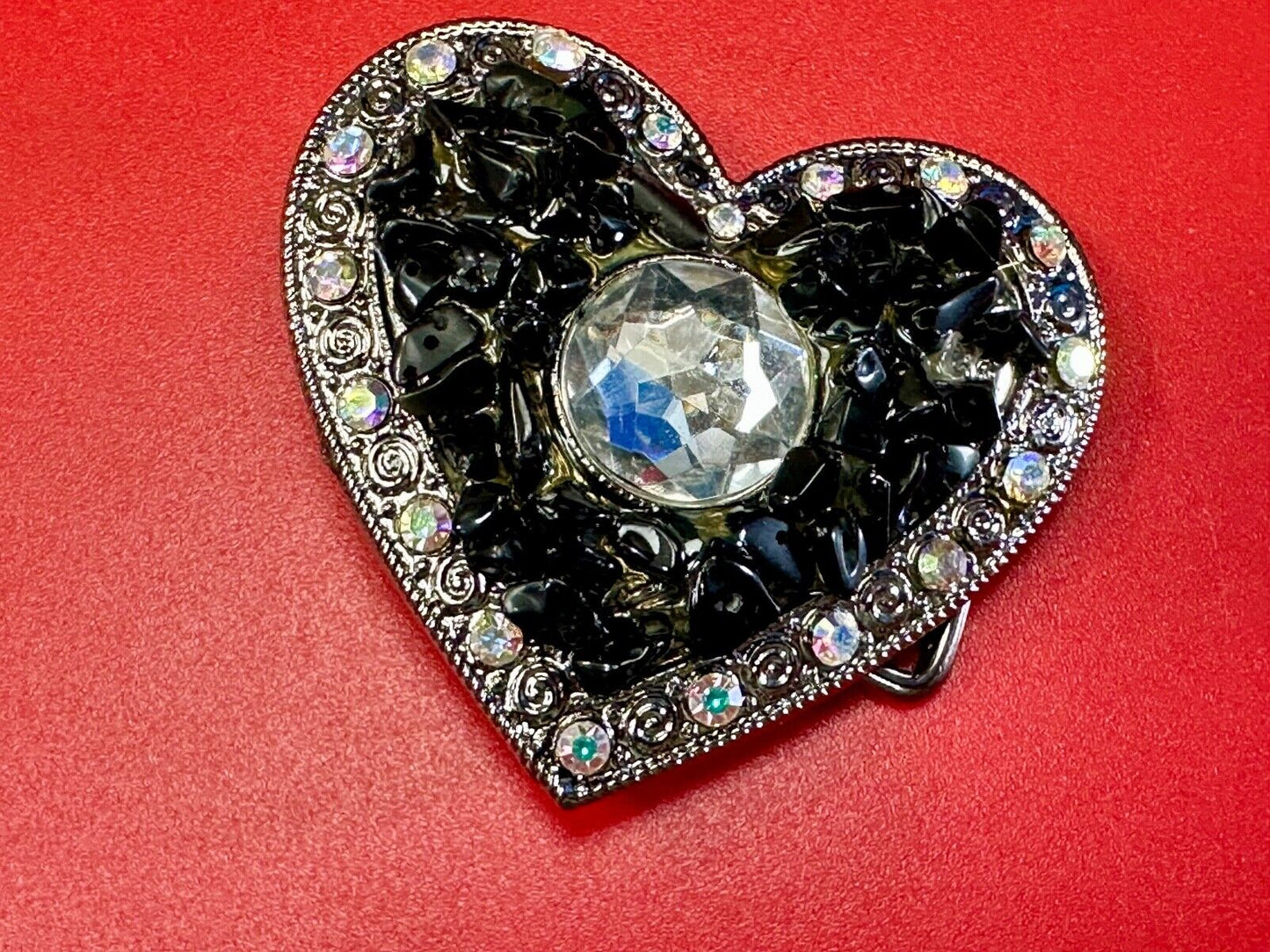 Black Chunky HEART clear rhinestone boarder large Clear centerpiece belt buckle